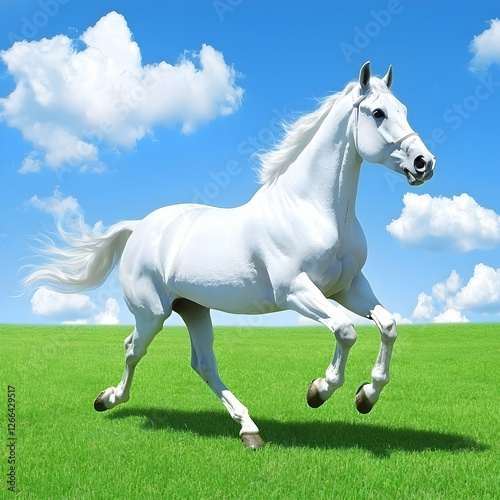 White horse galloping across green field under blue sky with fluffy clouds; perfect for equestrian themes or animal imagery