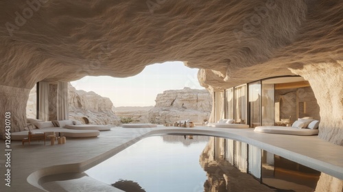 A futuristic canyon retreat, a rooftop bar with a reflective pool, suspended between sculpted wadi cliffs, offering a tranquil desert escape with minimalistic elegance