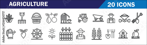 Set of 20 agriculture-themed icons, featuring tools, crops, and equipment. Perfect for websites and apps, available in scalable SVG and PNG formats, easily customizable