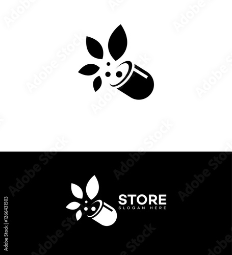 Natural Medicine Store Logo Design Capsule, Leaves, Health, Wellness