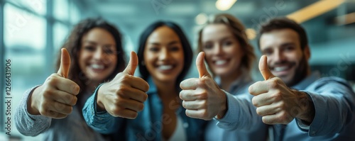 Group of Happy Friends Giving Thumbs Up in Bright Indoor Space