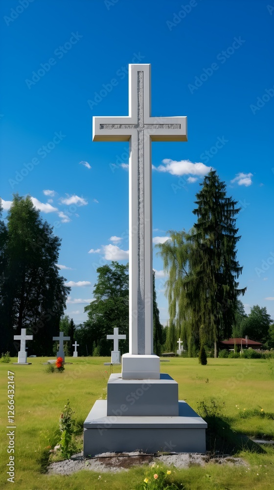 Large Stone Cross in Cemetery Sunny Day Religious Symbol Memorial Peace Large Stone Cross in Cemetery Sunny Day Religious Symbol Memorial Peace