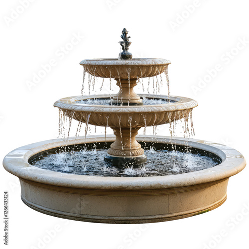 Elegant Three-Tier Fountain with Water Splashing Beautifully against Transparent background, Isolated for Artistic Appeal