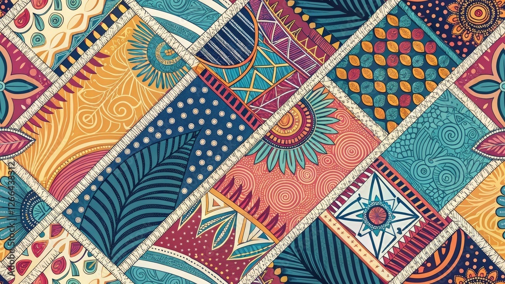 Fototapeta premium Abstract Patchwork Line Art: Geometric Textile Design, Modern Straight Line Pattern, Colorful Fabric Background