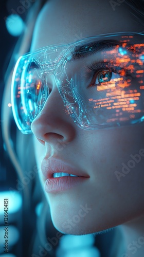 Woman Wearing Futuristic Augmented Reality Glasses with Data Overlay Close-up