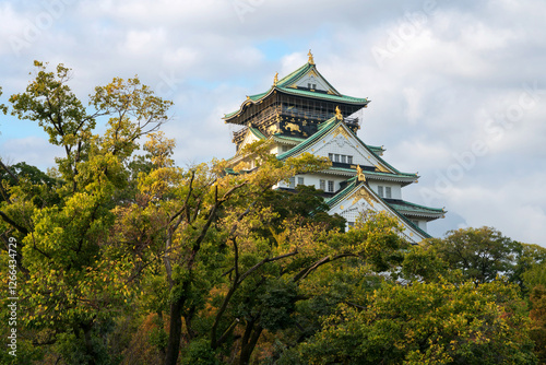 The main tower of Osaka Castle on the background of the golden autumn leaves on a sunny autumn morning, Osaka, Japan photo