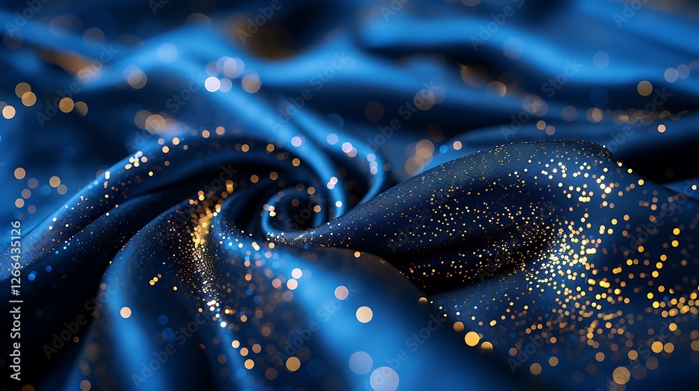 Obraz premium Abstract blue background with gold sparkles. Blue silk fabric with glitter