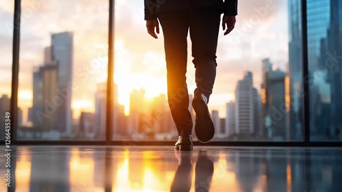 Wallpaper Mural Professional man walking in office towards sunset view, reflecting city skyline and ambition in cityscape. Torontodigital.ca