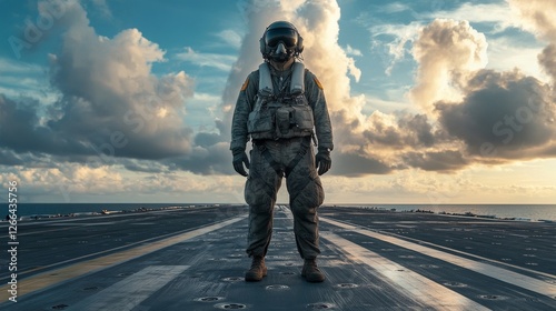 Military pilot standing on aircraft carrier deck at sunset