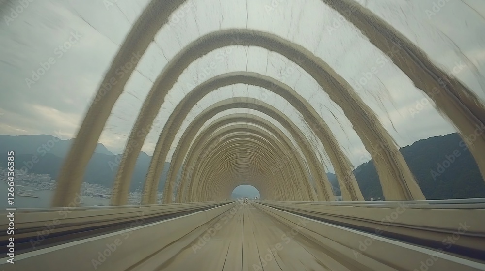 Obraz premium Serene arched walkway gently curves towards distant mountains bathed in soft light. AI Generated