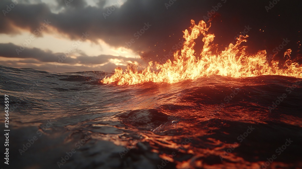 Fiery ocean waves dramatically ablaze sunset light. AI Generated Fiery ocean waves dramatically ablaze sunset light. AI Generated
