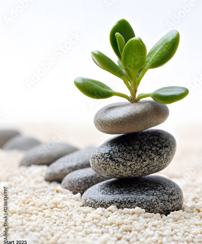 A small green plant emerges from a stack of smooth stones on a sandy surface, symbolizing growth and resilience in a serene setting