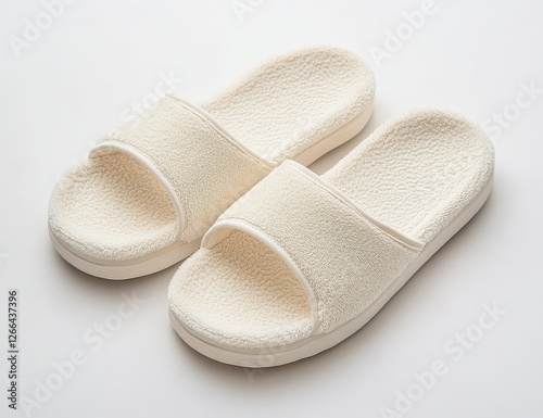 Pair of cream-colored terrycloth slippers on white background