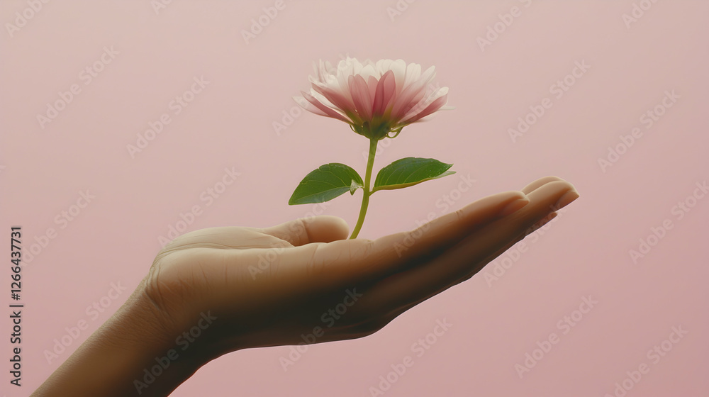 Pink flower gently held in a hand against a soft pink background, representing care and growth; ideal for beauty or wellness websites Pink flower gently held in a hand against a soft pink background, representing care and growth; ideal for beauty or wellness websites