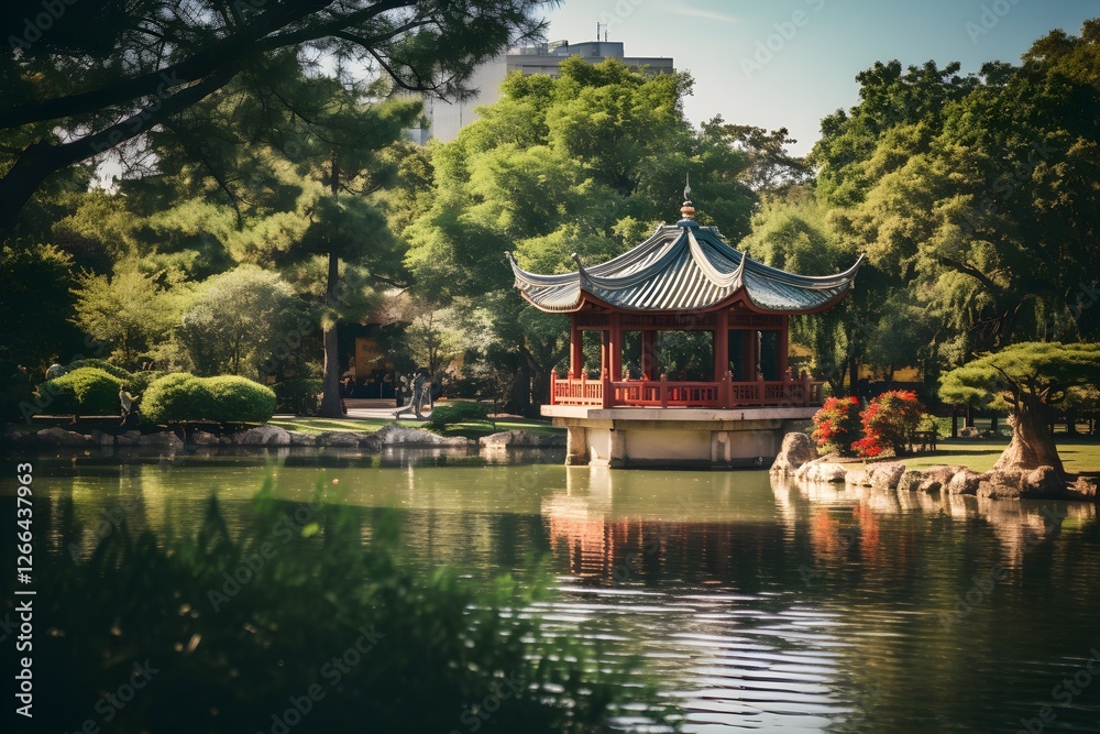 Serene Asian Style Pavilion on a Tranquil Pond in a Lush Green Park Serene Asian Style Pavilion on a Tranquil Pond in a Lush Green Park