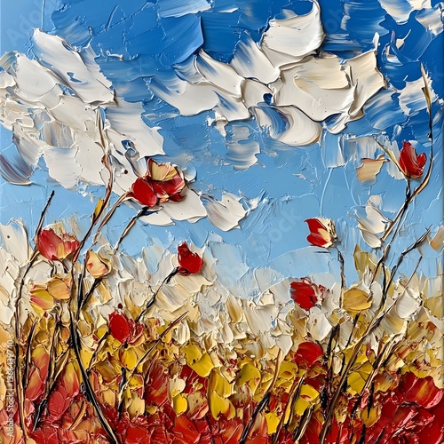 Abstract painting of wildflowers under a vibrant blue sky photo