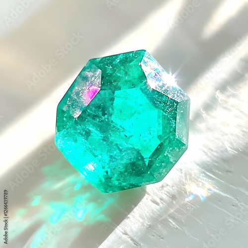 Close-up of a faceted emerald gemstone photo