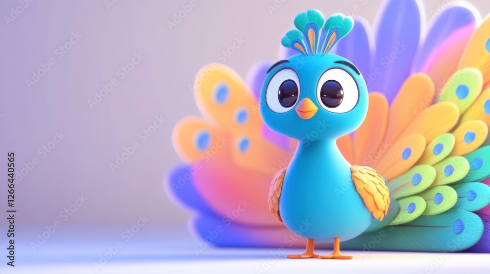 Obraz premium Cute Colorful Cartoon Peacock with Big Eyes and Bright Feathers