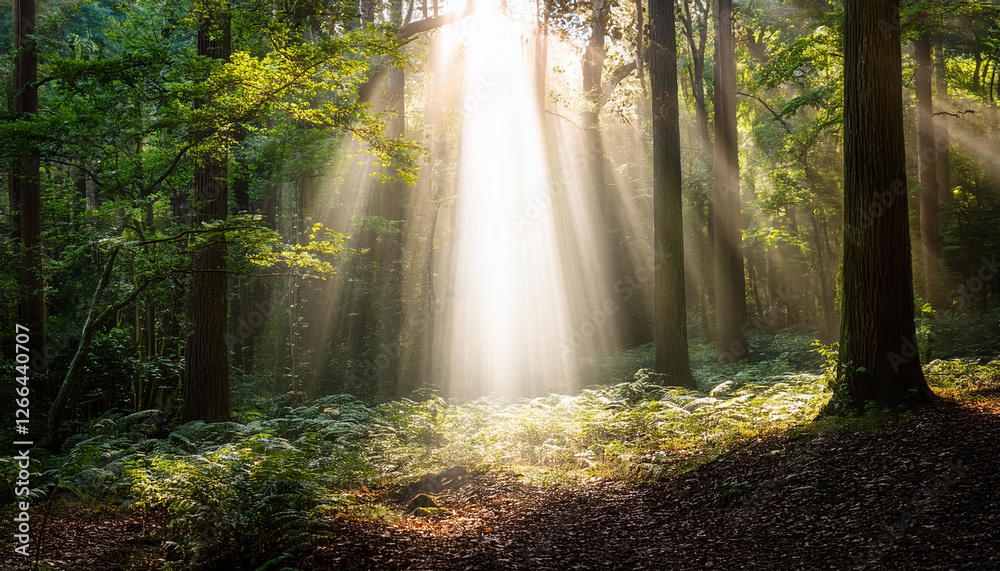 Obraz premium bright beam of light breaking through dense forest symbolizes hope and positive transformation