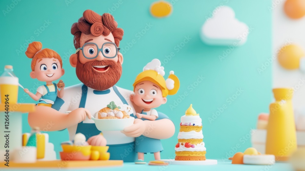 Fototapeta premium Happy Family Baking Together in Colorful Kitchen Scene