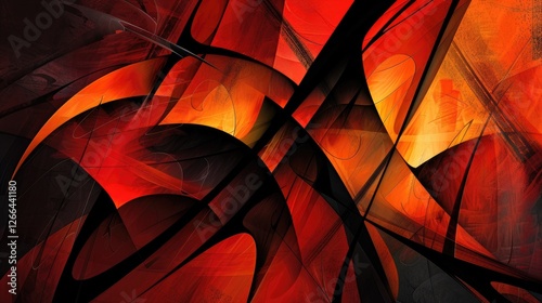 abstract image with red and orange colors using harsh lines and sharp shapes representing anger, Style Abstract, Colors red, orange, Composition off center, Details sharp lines, angular shapes