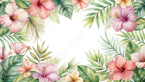 Watercolor Floral Frame Featuring Lush Tropical Foliage and Delicate Hibiscus Blossoms, Perfect for Invitations or Decorative Purposes