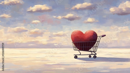 Fototapeta Naklejka Na Ścianę i Meble -  Giant red heart lovingly sits in shopping cart rolling across serene landscape under soft sunlight. AI Generated