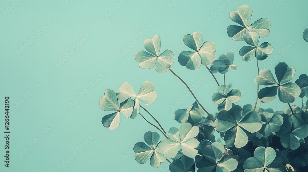 Green shamrocks on pastel teal background, minimalistic St. Patrick’s Day or nature-inspired composition
Green shamrocks on pastel teal background, minimalistic St. Patrick’s Day or nature-inspired composition