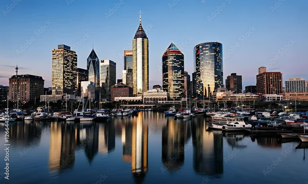 Vertical Shot of the Busy City Reflecting in the River