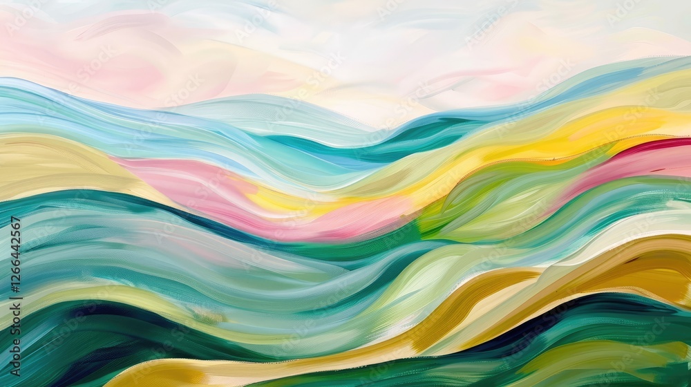 Fototapeta premium abstract painting of a colorful valley, flowing lines, soft pastel colors, green blue pink yellow white teal