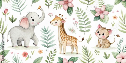 Charming Animal Watercolor Nursery Wallpaper, Cute Baby Animals, Watercolor Prints, Adorable Woodland Creatures, Kids Room Decor