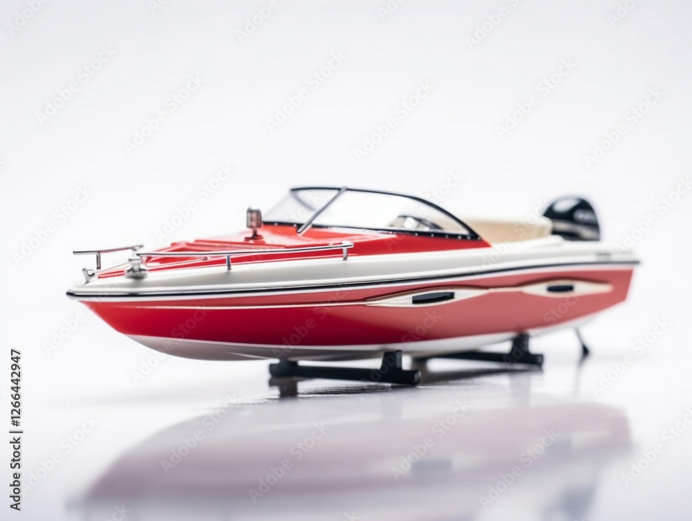 A toy boat on a white background. Sleek design, and realistic details, appears as a model or miniature version of a real boat. A toy boat on a white background. Sleek design, and realistic details, appears as a model or miniature version of a real boat.