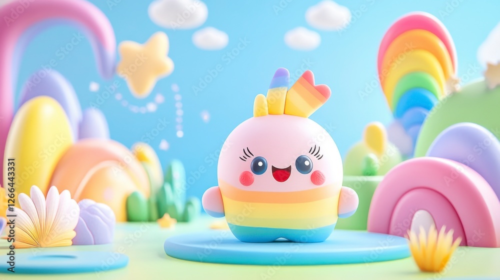Cute Rainbow Character in Colorful Soft Landscape with Clouds Cute Rainbow Character in Colorful Soft Landscape with Clouds