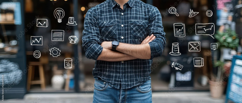 Confident man in checkered shirt standing with arms crossed near glass storefront surrounded by icons of business and technology