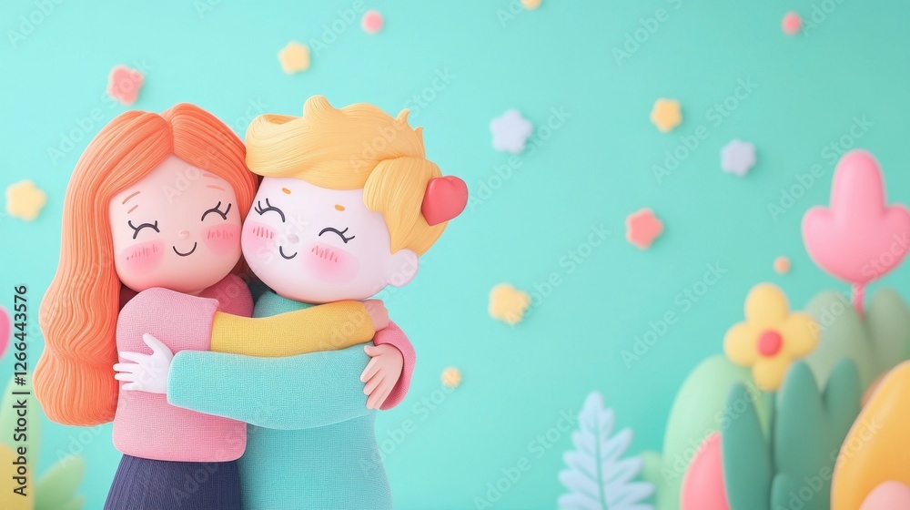 Two Cartoon Characters Embracing in a Colorful Playful Scene Two Cartoon Characters Embracing in a Colorful Playful Scene