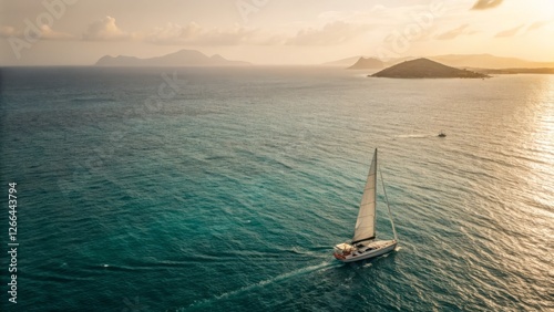 Becalmed Sailboat: Aerial Photography of Serene Ocean Scene photo