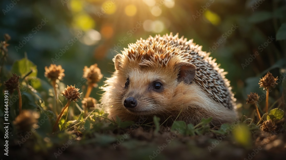 A close-up of a hedgehog in a natural setting, illuminated by soft sunlight. A close-up of a hedgehog in a natural setting, illuminated by soft sunlight.