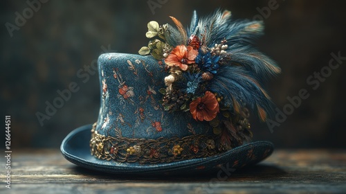 Ornate blue top hat with flowers and feathers, dark background, studio still life