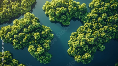 Aerial view of lush green islands on water.