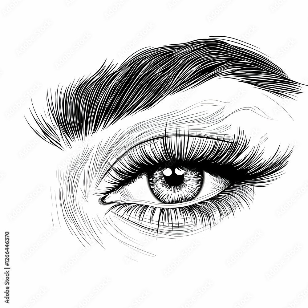Fototapeta premium Close-up eye, eyebrow, lashes drawing, white background, beauty illustration, for cosmetic ads