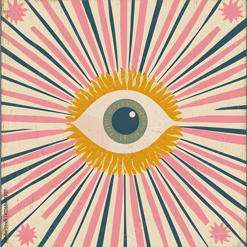 Retro sunburst eye design, spiritual vision, abstract art, vintage style, for graphic design