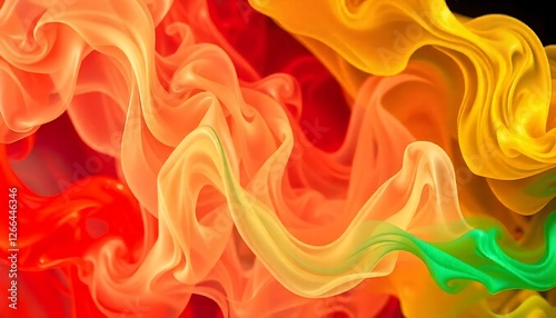 An abstract and mesmerizing display of vibrant, swirling smoke clouds in red, orange, yellow, and green hues. The image captures the dynamic flow and intricate detail of the colorful, ethereal texture