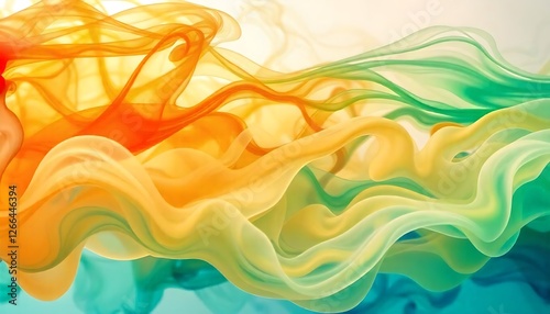 An abstract and mesmerizing display of vibrant, swirling smoke clouds in red, orange, yellow, and green hues. The image captures the dynamic flow and intricate detail of the colorful, ethereal texture
