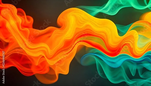 An abstract and mesmerizing display of vibrant, swirling smoke clouds in red, orange, yellow, and green hues. The image captures the dynamic flow and intricate detail of the colorful, ethereal texture
