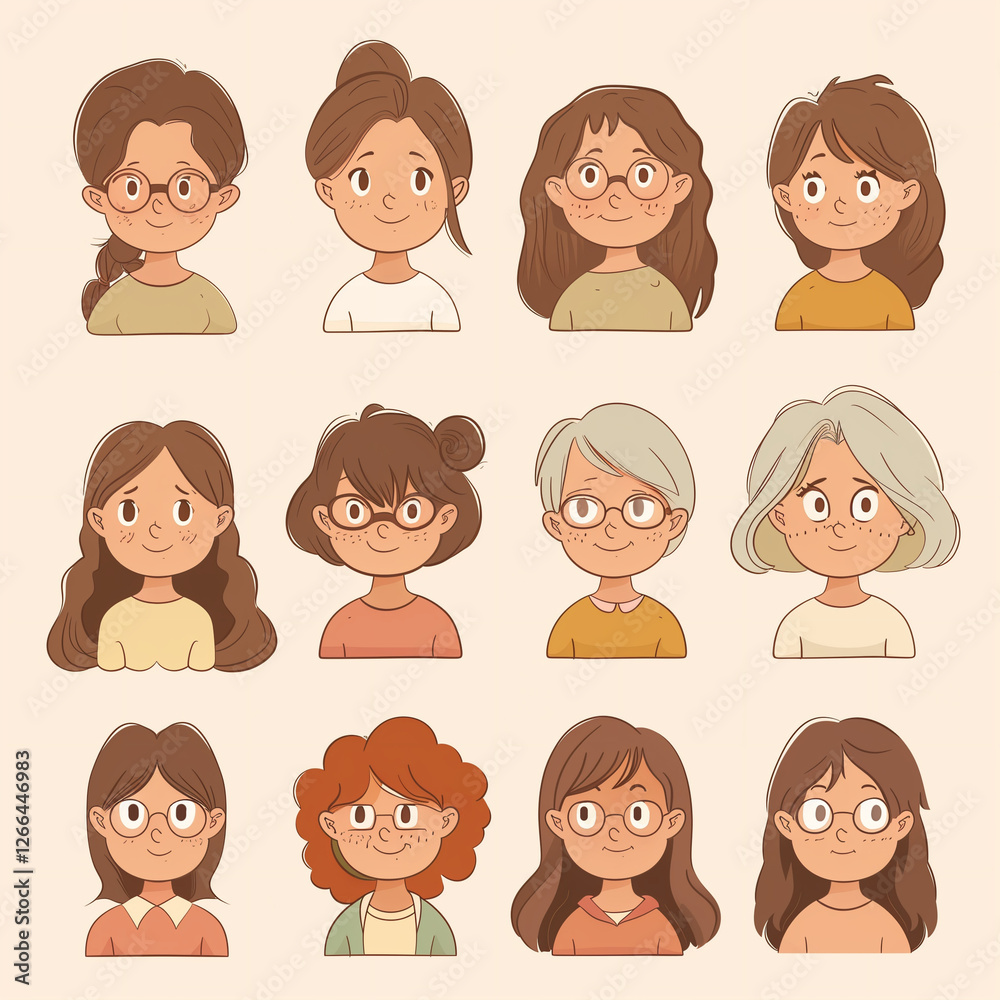 Illustration featuring twelve diverse characters with various hairstyles and hair colors, showcasing different styles and expressions. Colorful, modern design suitable for youth-oriented projects. Illustration featuring twelve diverse characters with various hairstyles and hair colors, showcasing different styles and expressions. Colorful, modern design suitable for youth-oriented projects.