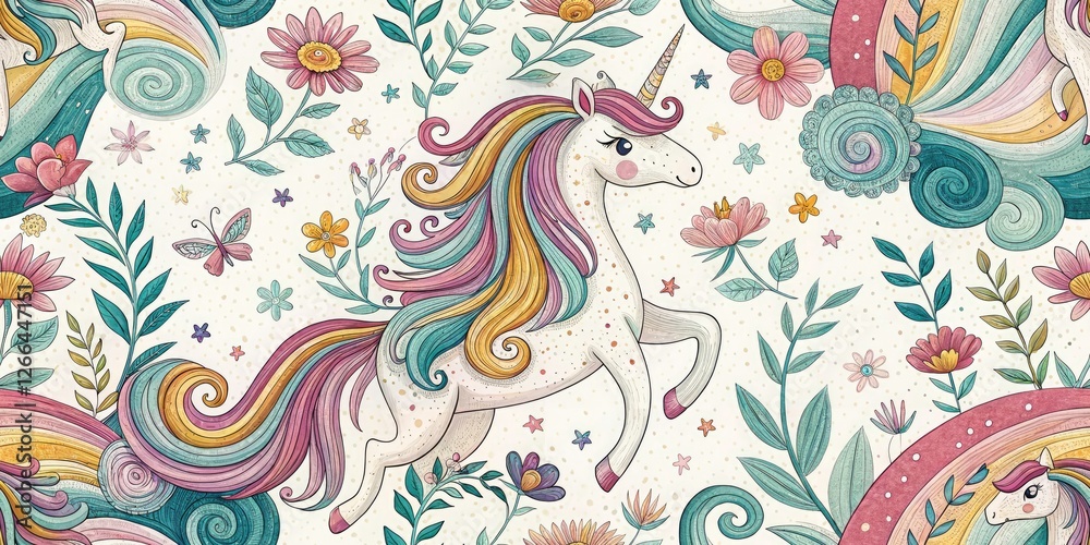 Dreamy Unicorn Doodle Art Pattern Design: Magical Creature Illustration, Whimsical Background, Fantasy Wallpaper, Cute Pastel Colors Dreamy Unicorn Doodle Art Pattern Design: Magical Creature Illustration, Whimsical Background, Fantasy Wallpaper, Cute Pastel Colors