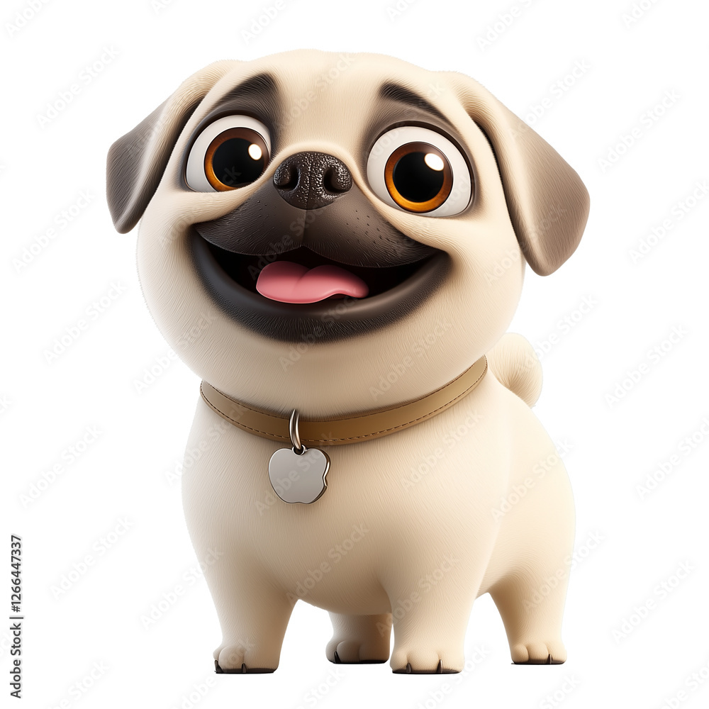 Naklejka premium A cartoon-style pug dog with large, sparkling eyes, wearing a collar. Perfect for children’s content, pet apps, and cute character designs