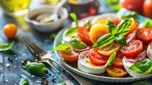 Fresh Caprese salad with heirloom tomatoes, buffalo mozzarella, basil leaves, drizzled with extra virgin olive oil and balsamic reduction, macro shot