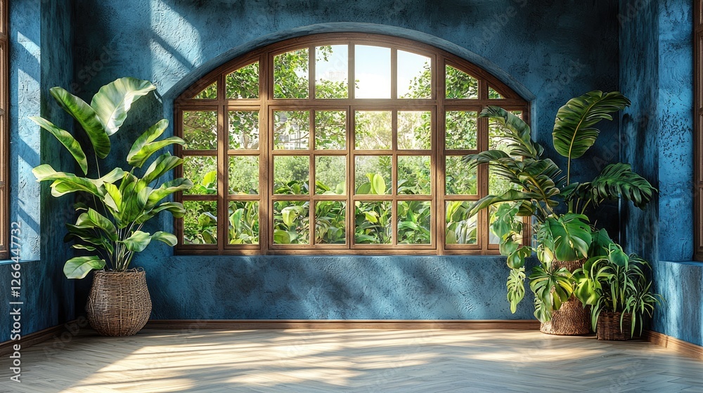 Fototapeta premium Bright and inviting indoor space featuring lush greenery through large arched windows