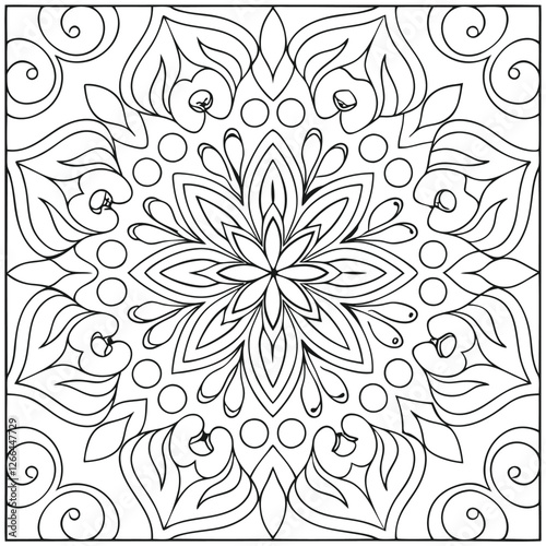 Intricate Floral Mandala Coloring Page: Detailed Flower Design, Stress Relieving Art, Printable Relaxation, Adult Coloring Book Illustration